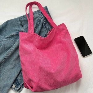 Corduroy Zipper Tote Bag - Hot Pink